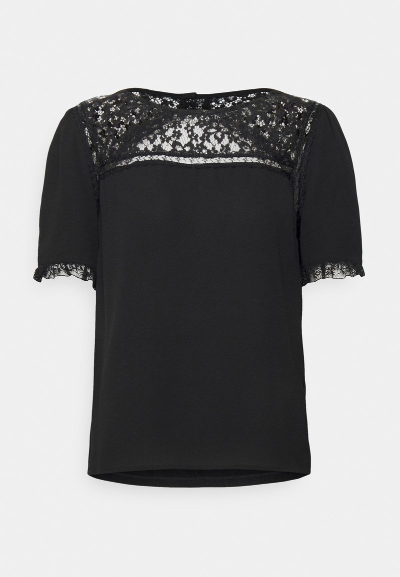 Blusa nera a maniche corte con un sovrapposto in pizzo al collo e alle maniche, realizzata in un tessuto liscio e morbido, con una vestibilità ampia.