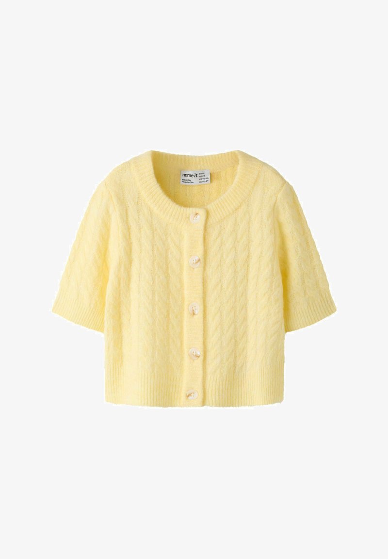 Cardigan jaune pâle à manches courtes en maille torsadée, avec encolure ronde et cinq boutons sur le devant, taille UE 98, pour enfants.