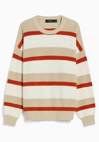 Beige och vit randig stickad tröja med djärva röda och ljusbruna horisontella ränder. Ribbad manschett och halsringning, texturerad tyg.