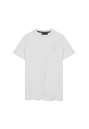 Effen witte katoenen T-shirt met korte mouwen, ronde halslijn en een klein gouden logo van een figuur op de linkerborst.