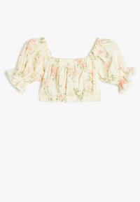 Blomster-mønstret cropped top i lys gul, med puffede ærmer, elastisk halsudskæring og blondekanter langs ærmerne.
