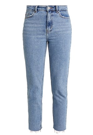 Jeans in denim azzurro chiaro a vita alta, con gamba dritta, orlo sfrangiato e design minimalista senza decorazioni.