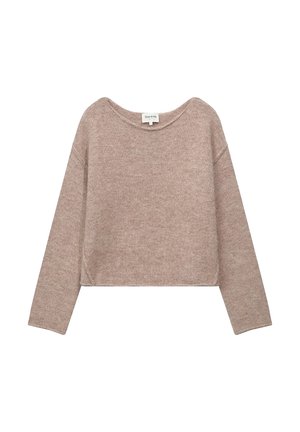 Pull léger marron clair, coupe courte, avec un col rond et des manches longues. Matière douce et texturée avec un subtil motif tricoté.