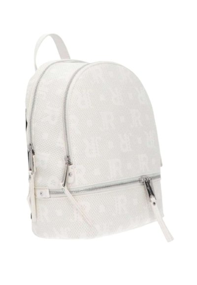 Zaino bianco con texture e design arrotondato, dotato di doppie chiusure con zip e modelli di logo sottili. Spallacci regolabili nella parte superiore.