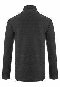 Pullover in pile grigio scuro, con colletto alto, maniche lunghe, texture liscia e branding discreto sull'orlo.