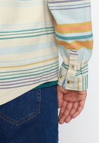 Kleurenshirt met strepen in verschillende breedtes in pastelkleuren, met een relaxte pasvorm en knoopmanchetten. Onder de shirt zijn jeans zichtbaar.