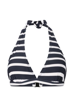 Navy en witte gestreepte bikini-top met een halternekontwerp, voorzien van een knoopsluiting en een clip op de rug. Gemaakt van rekbare stof.