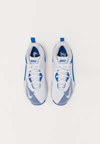 Baskets Nike avec une palette de couleurs blanche et bleue. Tige en mesh, bout arrondi, lacets blancs épais, et une languette bleue au talon. Logo sur la languette.