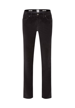 Zwarte corduroy broek met een recht model, voorzien van voorkruiszakken, een knoopsluiting en een gestructureerde stof voor extra detail.