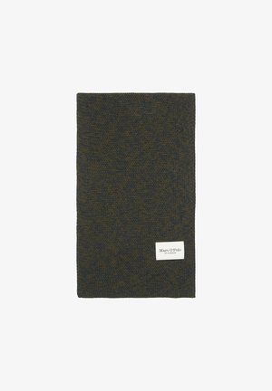 Knit scarf in dark green and navy blue, featuring a textured pattern. Includes a small white label with "Marc O'Polo" branding.