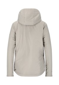 Hellgraue, gepolsterte Jacke mit einer taillierten Kapuze, langen Ärmeln und einer glatten Textur. Verfügt über minimale Nähte und keine sichtbaren Beschläge.