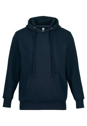 Sudadera azul oscura hecha de una mezcla de algodón, con un bolsillo frontal tipo canguro, cordones ajustables y puños y dobladillo acanalados. Corte clásico.