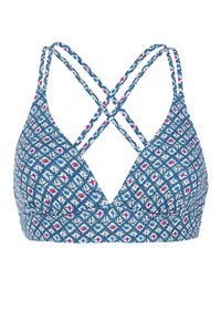 Blauw geblokt bikini-top met een V-halsontwerp, gekruiste rugbandjes en ingewikkelde geometrische patronen in wit, marineblauw en roze accenten.