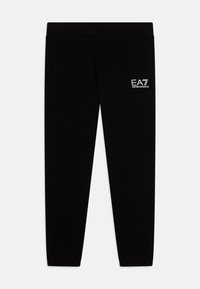Leggings noirs en tissu extensible avec une coupe ajustée. Présentent un petit logo EA7 blanc sur la cuisse gauche. Texture lisse, sans motifs.