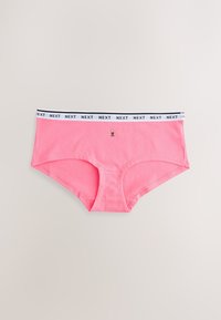 Culotte hipster rose pour femme avec une ceinture élastique blanche ornée du texte « NEXT » et une petite figure brodée au centre devant.