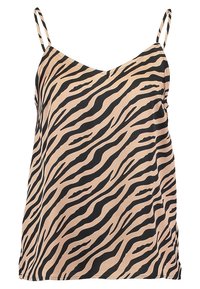 Brun ärmlös topp med svarta tigerränder. Har tunna justerbara band och ett mjukt, lätt tyg.