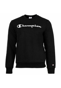 Schwarzes Champion Sweatshirt mit langen Ärmeln und weißem Logo über der Brust sowie einem kleinen Logo-Patch am linken Ärmelbündchen.