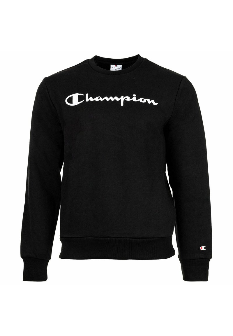 Schwarzes Champion Sweatshirt mit langen Ärmeln und weißem Logo über der Brust sowie einem kleinen Logo-Patch am linken Ärmelbündchen.