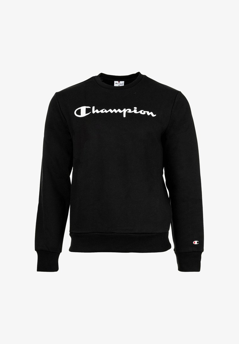 Schwarzes Champion Sweatshirt mit langen Ärmeln und weißem Logo über der Brust sowie einem kleinen Logo-Patch am linken Ärmelbündchen.