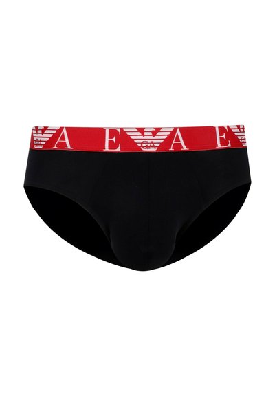 Czarna bielizna z czerwoną elastyczną talią z białym nadrukiem logo i grafiką. Gładka faktura, standardowy krój slipów.