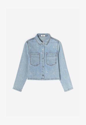 Cropped denim jacket in light blue, featuring a button front, two chest pockets, and small embroidered patterns throughout.