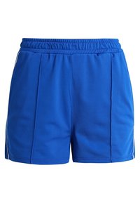 Modré sportovní šortky s elastickým pasem, obsahující boční švy a hladkou, lehkou tkaninu pro komfort během fyzických aktivit.