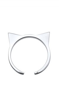 Silvrig kattöronsarmband med en öppen cuff-design, som har spetsiga öronaccenter och en slät, blank yta.