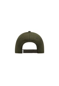 Green felt cap with a curved bill, featuring a plastic adjustable strap and two vent holes on the back.