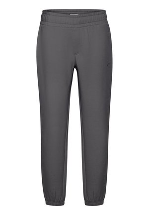 Pantaloni de jogging gri cu talie elastică și gleznă strânsă. Prezintă un logo subtil pe lateral și o textură moale și netedă.