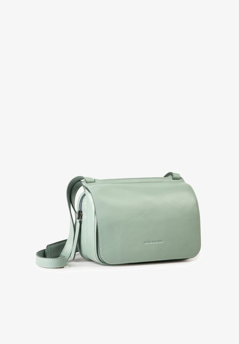 Mintgroene leren crossbody tas met een klepafsluiting, ritsdetails en een verstelbare schouderband. Gladde textuur met gestikte accenten.