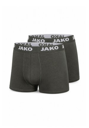 Zwei Paar dunkelgraue Boxershorts mit elastischem Bund und weißem "JAKO"-Schriftzug, dargestellt auf weißem Hintergrund.