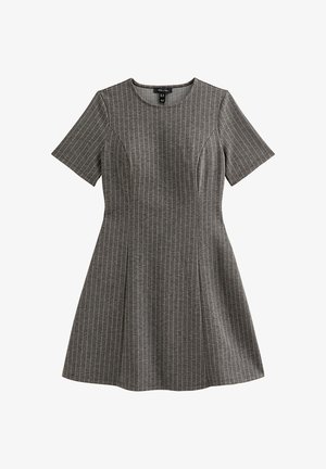 Grey short-sleeve dress with white vertical pinstripes, fitted bodice, and flared skirt.