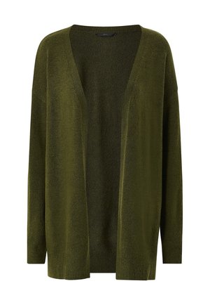 Cardigan verde oliva con vestibilità ampia, apertura frontale e maniche lunghe. Realizzato in un tessuto morbido e testurizzato. Presenta polsini e orlo a coste.