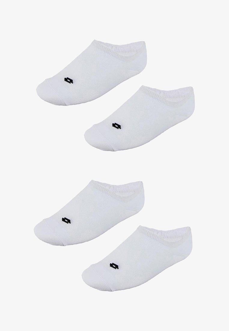 Quatre paires de chaussettes blanches jusqu'à la cheville avec un petit logo noir près des orteils, disposées à plat sur un fond blanc.