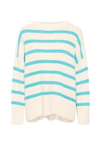 Strickpullover mit lockerer Passform, der abwechselnd horizontale Streifen in Weiß und Türkis aufweist. Strukturierter Stoff mit offenen Maschen.