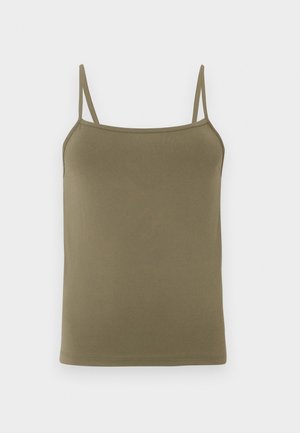 Olive rohelise värvi kaelus, valmistatud siledast kangast, millel on õhukesed reguleeritavad õlapaelad ja tihe disain. Ilma mustrite või aksessuaarideta.