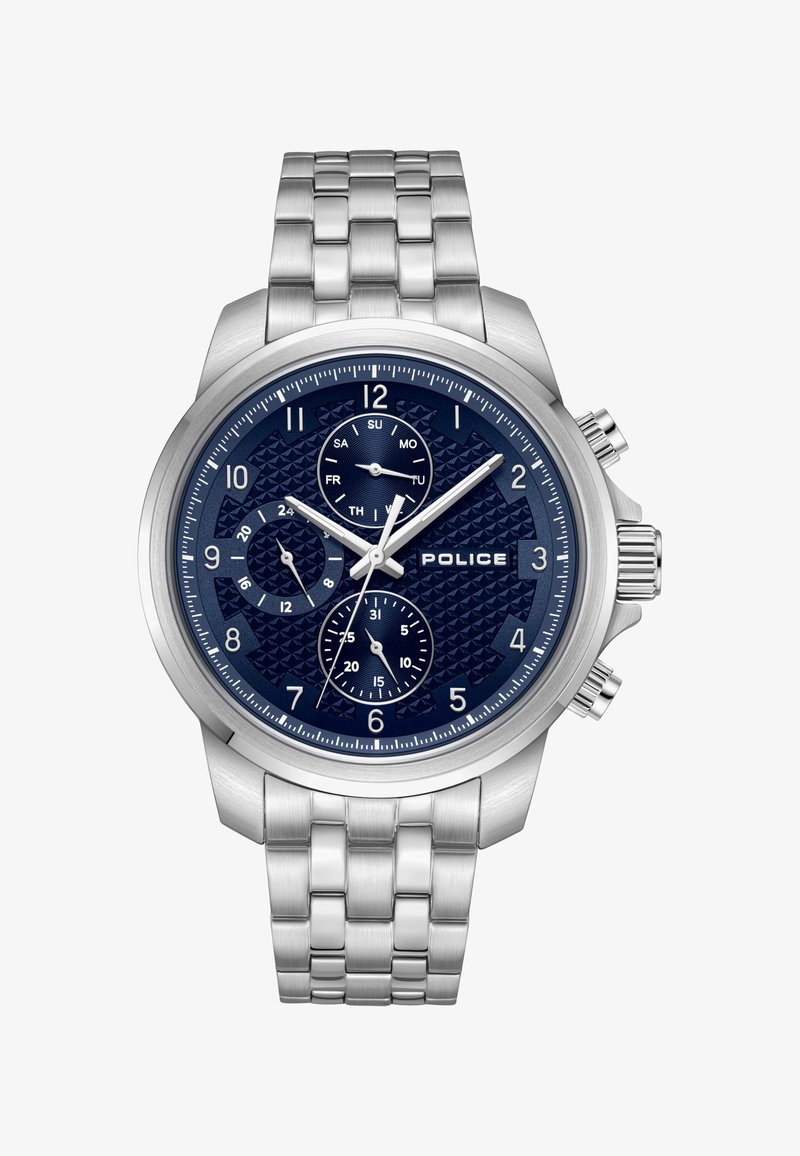 Montre chronographe avec un bracelet en acier inoxydable argenté, cadran texturé bleu, marqueurs d'heure blancs et trois sous-cadrans. Affichage du LOGO : POLICE.