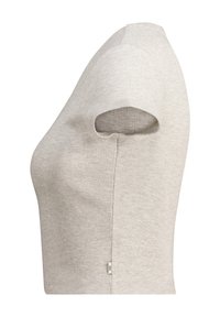 Vaaleanharmaa ribattu lyhythihainen paita, jossa on vartalonmyötäinen muoto, pehmeä pinta ja pieni sivulappu. Yksinkertainen muotoilu, jossa on pyöreä kaulus.