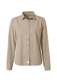 Camicia beige a maniche lunghe con colletto, chiusura con bottoni davanti e piccole etichette decorative. Tessuto liscio con vestibilità sartoriale.