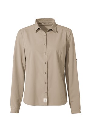 Beige Langarmhemd mit kragen, Knopfleiste und kleinen Akzent-Tags. Glattes Material mit taillierter Passform.