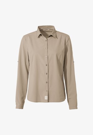 Beige Langarmhemd mit kragen, Knopfleiste und kleinen Akzent-Tags. Glattes Material mit taillierter Passform.