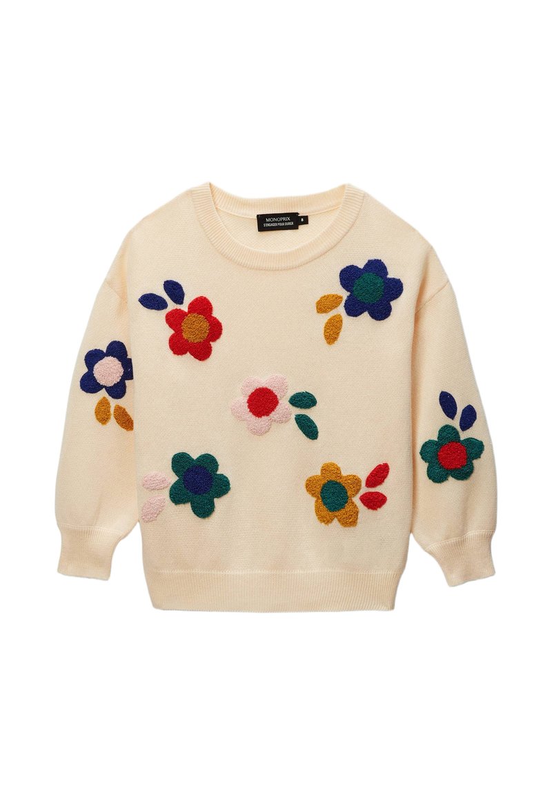 Pull crème avec broderies florales multicolores sur le devant, dans des tons de rouge, bleu, vert, rose et jaune. Encolure ronde et manches longues.