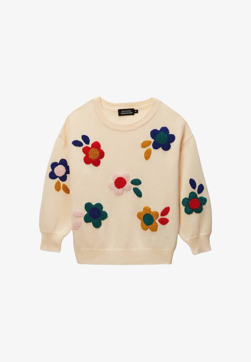 Pull crème avec broderies florales multicolores sur le devant, dans des tons de rouge, bleu, vert, rose et jaune. Encolure ronde et manches longues.