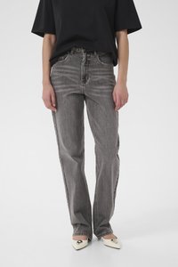 Szürke farmernadrág laza, egyenes sz�árú fazonnal, magas derékkal, klasszikus ötlovas zsebes kialakítással és diszkrét kopott részletekkel.