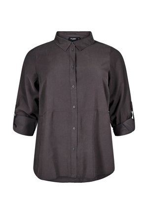 Dunkelgraues Hemd mit Knöpfen aus glattem Stoff. Mit hochgerollten Ärmeln, einem Kragen und geradem Schnitt. Enthält Frontknöpfe und Nähte.