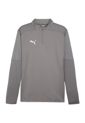 Grauer langärmliger Sportpullover mit einem halbseitigen Reißverschlusskragen, der strukturierte Schulterpartien und ein weißes Puma-Logo auf der Brust aufweist.