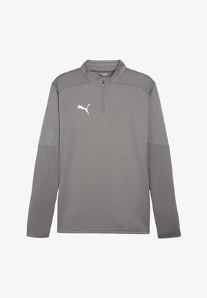Gray long-sleeve sports pullover with a half-zip collar, featuring textured shoulder panels and a white Puma logo on the chest.