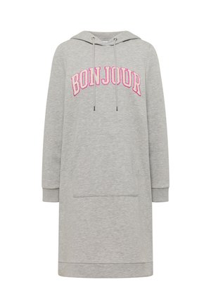 Vaaleanharmaa pitkä hupparimekko, jossa on etutasku, kiristysnyörit ja rintakehässä vaaleanpunaisilla kirjaimilla teksti "BONJOUR".