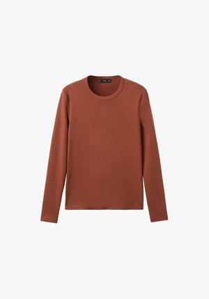 Langärmeliges Hemd in Rostfarbe aus weichem Stoff mit rundem Ausschnitt. Es hat ein tailliertes Design und keine sichtbaren Verzierungen.