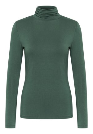 Maglia a maniche lunghe con colletto alto di colore verde scuro. Tessuto morbido e elasticizzato con una forma aderente. Il colletto alto si piega delicatamente all'altezza del collo.
